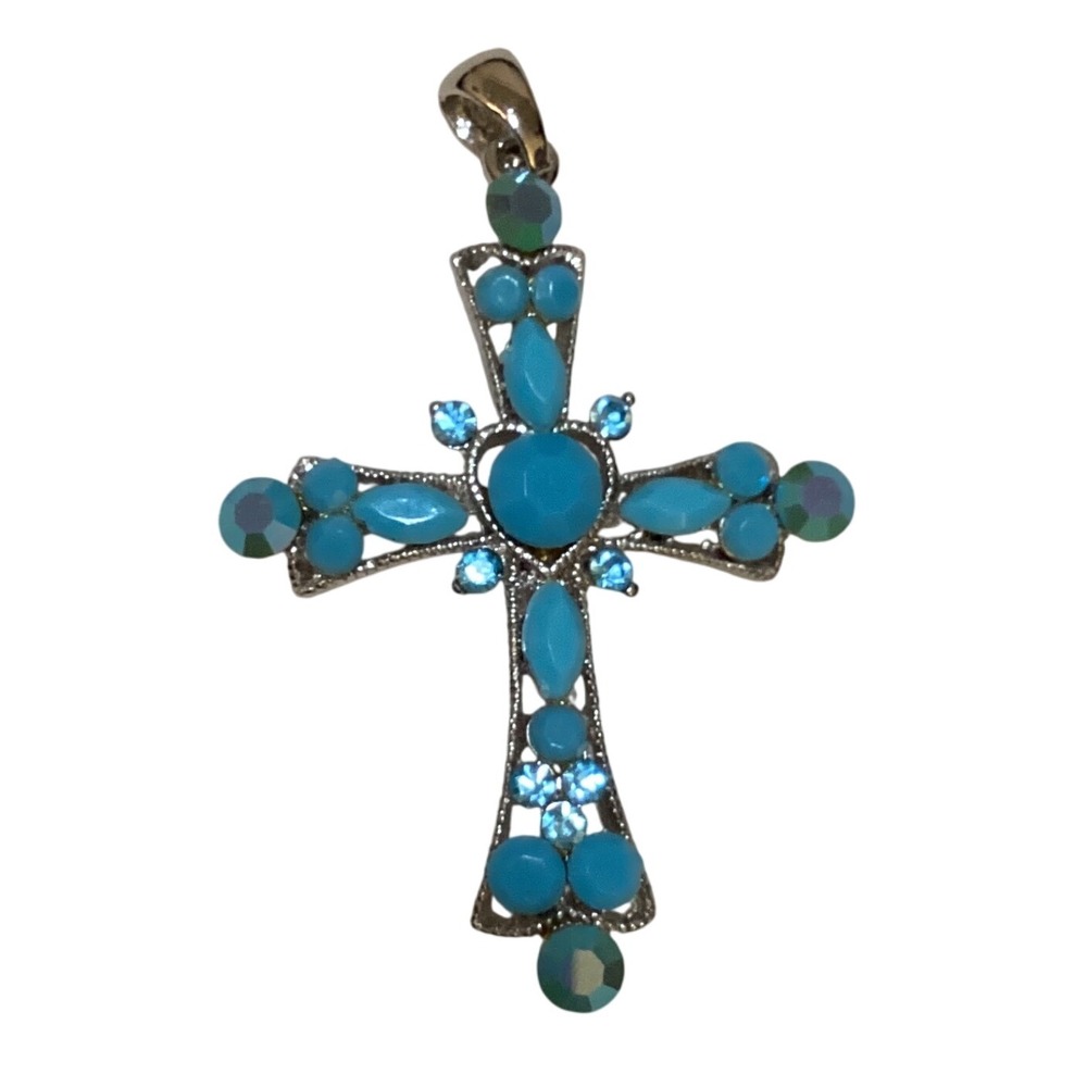 Turquoise Cross Pendant Silver Tone Rhinestone Statement Necklace‎ Jewelry
